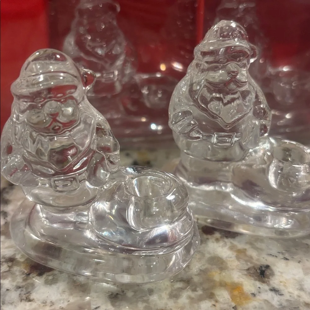 Williams Sonoma Clear Glass Santa Tiny Taper Candle Holders